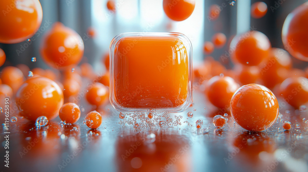 Poster dynamic orange spheres and a central translucent cube in motion, with floating water droplets in a v