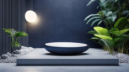 Modern, minimalist, dark,  empty,  display,  stand,  with  tropical  plants,  concrete,  lighting.