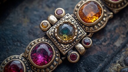 Obraz premium Vintage jewelry with colorful gemstones set against a dark stone background