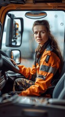 A confident female truck driver sits behind the wheel of her semi-truck, ready to hit the open road. She is wearing an orange jumpsuit and has her hair tied back in a ponytail.