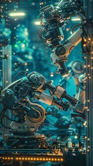 A robotic arm with a camera moves quickly and precisely, picking up small electronic components and placing them on a circuit board.