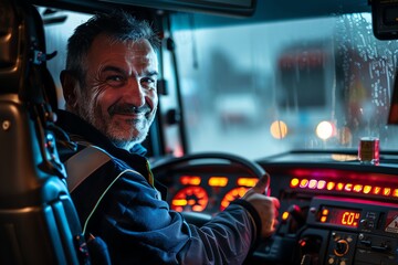 A professional long haul trucker sits in his cab smiling