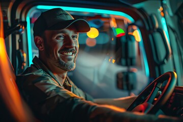 A professional truck driver sits in his cab, smiling. He is wearing a cap and a green t-shirt. The interior of the cab is lit up by the blue and green lights of the dashboard.