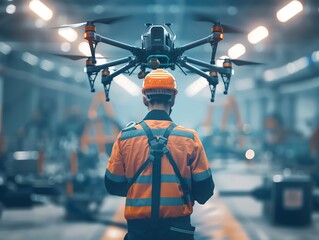 A worker wearing a hard hat and safety vest operates a drone in a factory.