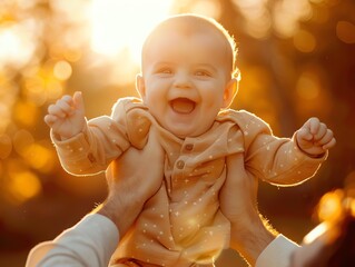 Capture the joy of a baby held high in the air, surrounded by a warm golden glow.