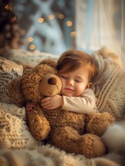 A cute toddler is sleeping soundly,woBao kishimeteiru a giant teddy bear