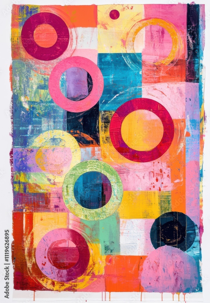 Poster a large, flat geometric painting with multiple overlapping circles and squares in various colors suc