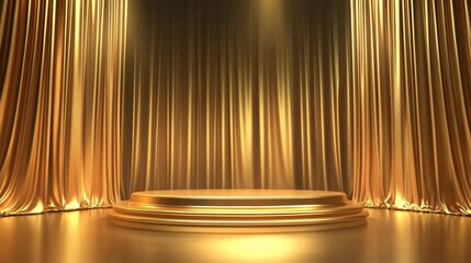 A golden podium with gold curtains on the sides, set against an empty background. 