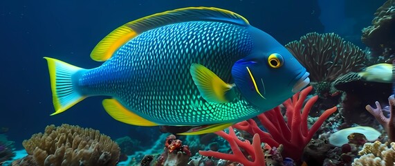 Obraz premium A vibrant parrotfish swimming among coral reefs with colorful marine life surrounding it. Extremely detailed high resolution illustration.