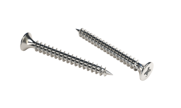 Two shiny metal screws lying on transparent background