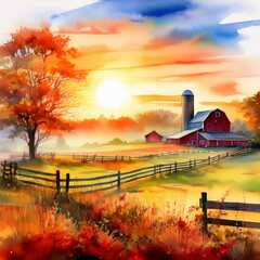 A vibrant watercolor painting depicting a picturesque red barn at sunset, ideal for ecobrands and food blogs