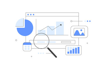 Marketing and seo strategy. Analyzing market trends and planning seo optimization. Seo targeting and performance. Flat Cartoon Vector Illustration, icon. Stylish abstract