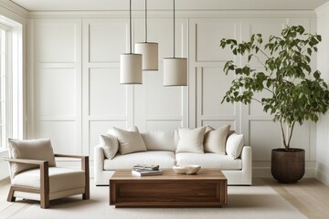 Minimalist modern living room white paneled door plush white sofa with pillows beige armchair