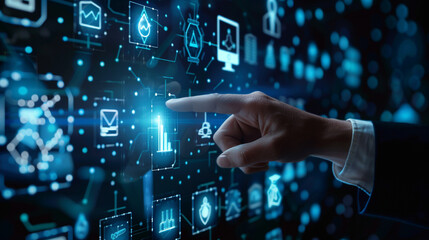 hand pushing a button on a touch screen interface