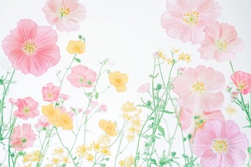 Wallpaper with delicate pink flowers on a white background. Frame of small spring flowers. Space for text.