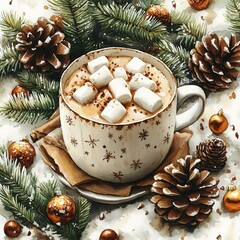 Christmas watercolor illustration with a mug of coffee or cocoa colored mocha mousse. Square watercolor card with cocoa, fir branches and marshmallows.