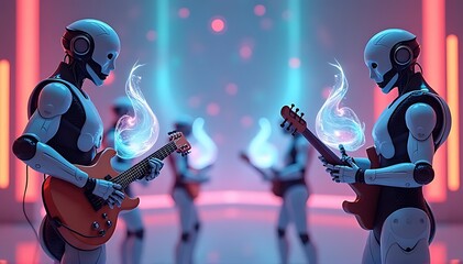 Obraz premium Futuristic Robots in a Virtual Musical Performance with Holographic Visuals
