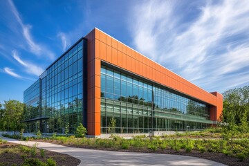 Obraz premium Modern architectural building glass facade orange metal panels blue sky with wispy clouds