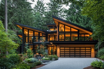 Naklejka premium Modern architectural home wood and glass exterior black metal accents large windows