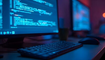 Close-up of blue digital binary data streaming on a computer screen, with a blurred keyboard and mouse in the foreground