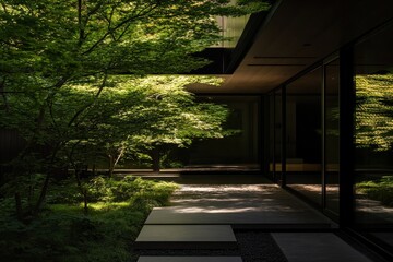 modern architecture forest house glass and wood facade lush green vegetation