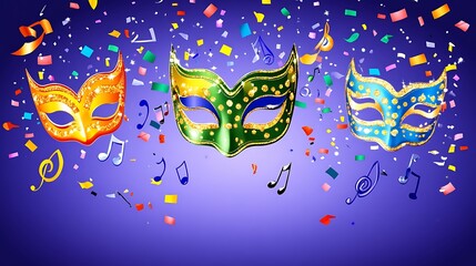 Fototapeta premium Festive Carnival Masks Celebrate With Confetti And Music Notes