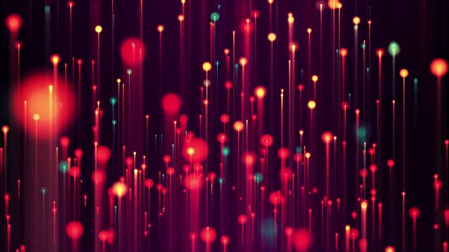 Futuristic digital glowing lines flowing upwards effect video. Vertical light trail movement of red curves loop animation tech background.