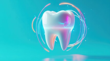A digitally rendered tooth with radiating light effects, surrounded by energy rings, floating on a clean blue background.