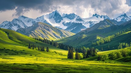 Fototapeta premium High-end photography of a serene mountain landscape with green meadows and snow-capped peaks