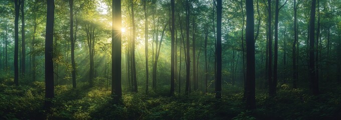 Obraz premium Sunlight shining through the trees in a misty forest.