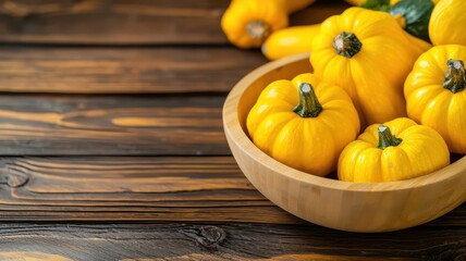 A wooden bowl with yellow squash on a wooden surface. Fruit with rustic background setting.