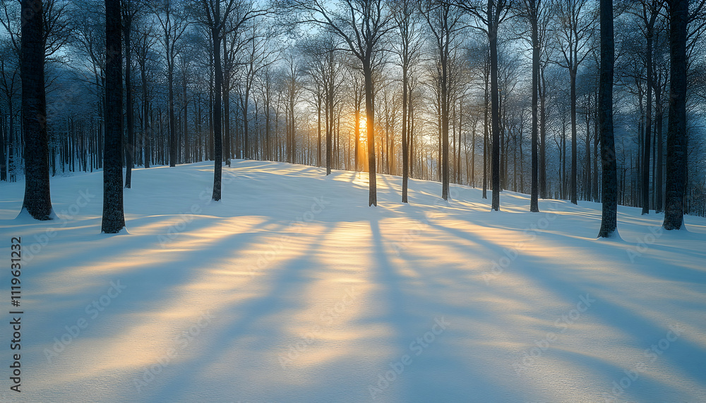 Poster sun setting through snowy forest trees casting long shadows on the snow.