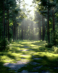 Obraz premium Sunbeams illuminate a path through a lush green forest. (1)