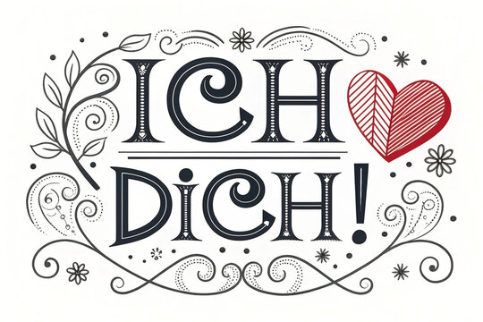 Romantic "Ich Liebe Dich" text with decorative floral patterns and a red heart, symbolizing love and affection in German.
