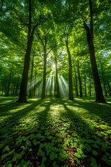 Fototapeta premium Sunbeams pierce lush green forest, dappled light on groundcover.
