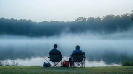 Silver-haired couple fishing at lake's edge, serene early morning calm. Man and woman gray haired, active retirees
