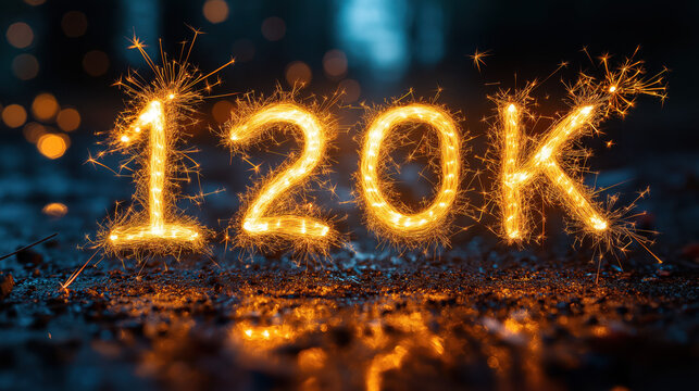 120K milestone text illuminated in glowing golden light, created with sparklers against a dark background, symbolizing celebration and achievement. Successful background