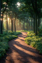 Fototapeta premium Sunlit path winding through a lush green forest at sunrise.
