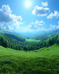 Naklejka premium Sunny day, cattle grazing in green valley.