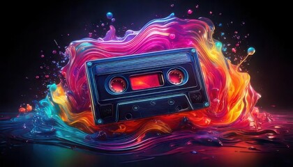 Fototapeta premium Abstract cassette tape shapes melting into vibrant neon waves, symbolizing retro music