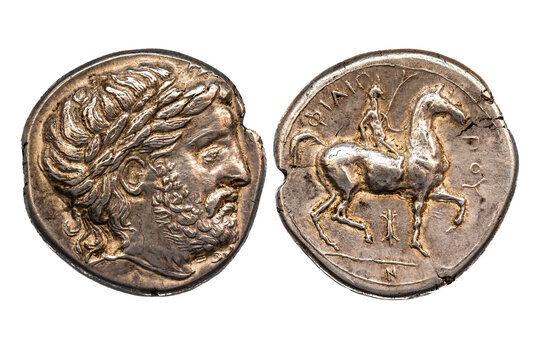 Coin Old silver tetradrachm.Ancients MACEDONIAN KINGDOM. Philip II (359-336 BC).Numismatics.Antikvariat.