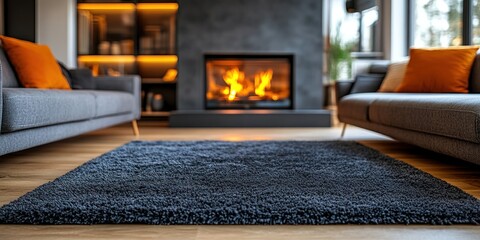 A warm and inviting living room with a glowing fireplace ambiance