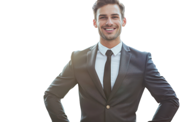 Professional Businessman in a Sharp Suit Standing Confidently with Hands on Hips - Ideal for Corporate Stock Photography