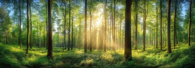 Obraz premium Sunlight shines through the trees in a lush green forest.