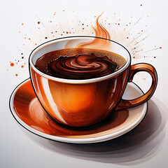 Close up of a steaming mug of coffee on a bright white background