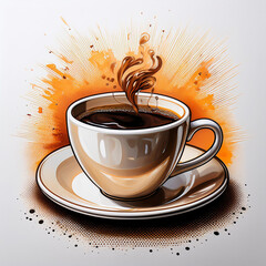 Close up of a steaming mug of coffee on a bright white background
