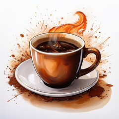 Close up of a steaming mug of coffee on a bright white background