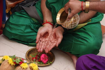 close up of hands performing pooja in indian tradition