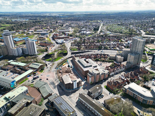 Fototapeta premium Downtown Buildings at Central Coventry City Centre of England United Kingdom. March 30th, 2024. Drone's Camera Footage Was Captured During Bright Sunny Day From Medium High Altitude.