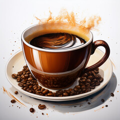 Close up of a steaming mug of coffee on a bright white background